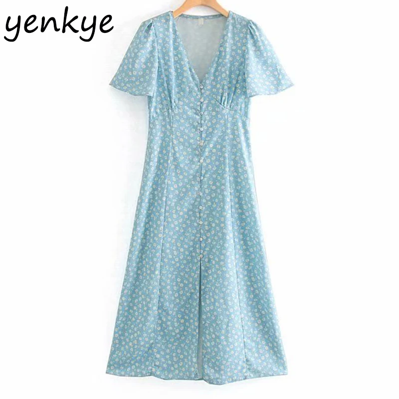 

2019 Women Front Button Floral Print Long Dress Elegant Female V Neck Short Sleeve High Waist A-line Summer Lady Dresses