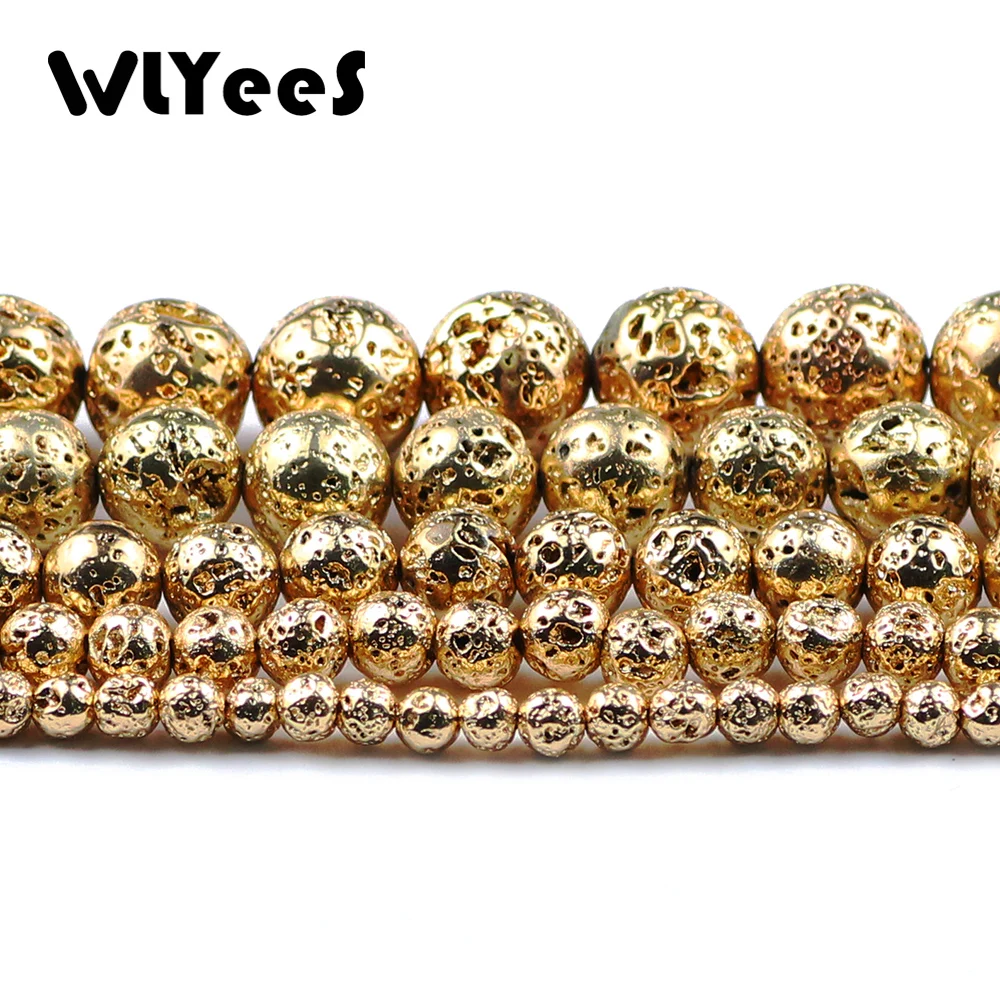 Natural Stone Beads 14 Gold Color Lava Stone 4 6 8 10 12mm Round Ball For Jewelry Accessories Making Bracelet