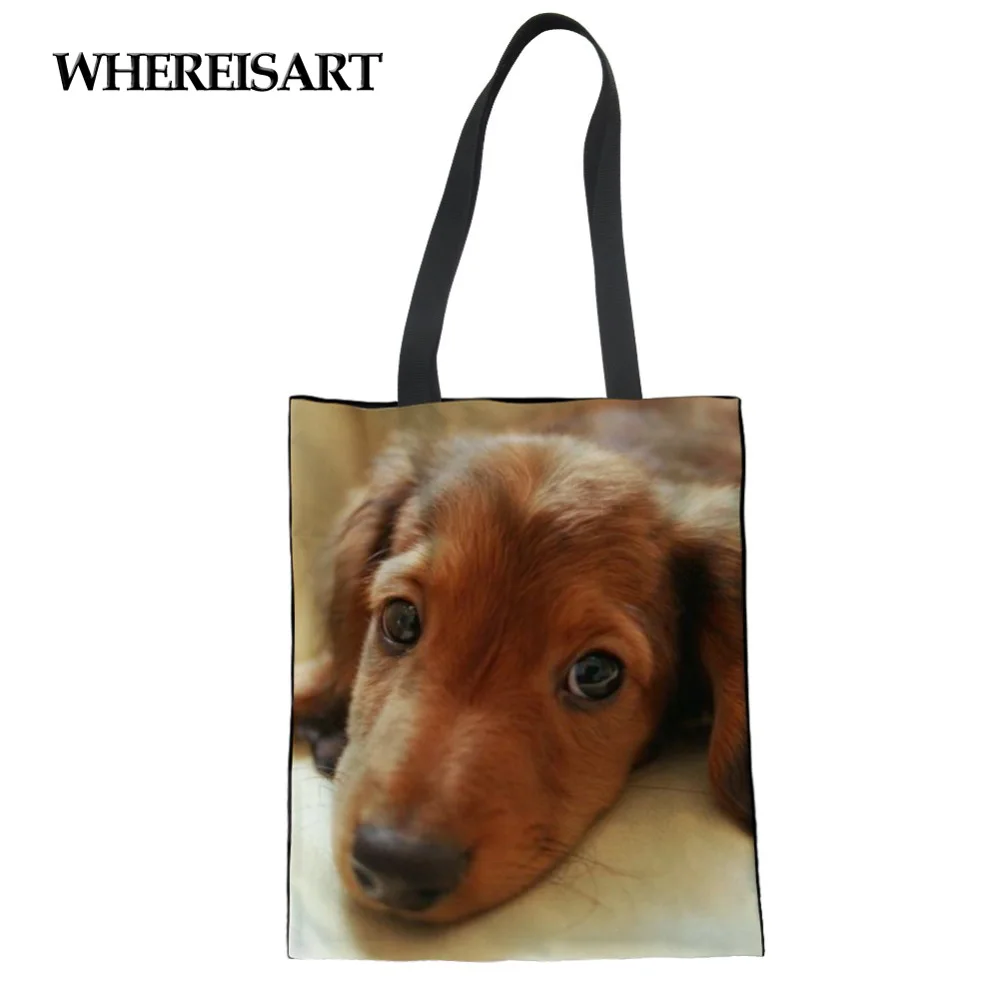 

WHEREISART Dachshund Print Eco-friendly Totes Casual Women Shopping Bag Travel Shoulder Pack Girls Reusable Large Ladies Canvas