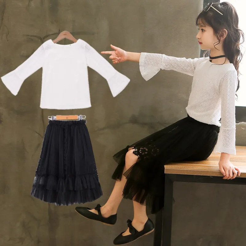 

2018 Autumn Fall Princess Baby Girls Clothing Sets 2 Pcs Tops Lace White Blouses Shirts + Lace Skirts Baby Girls Clothes Costume
