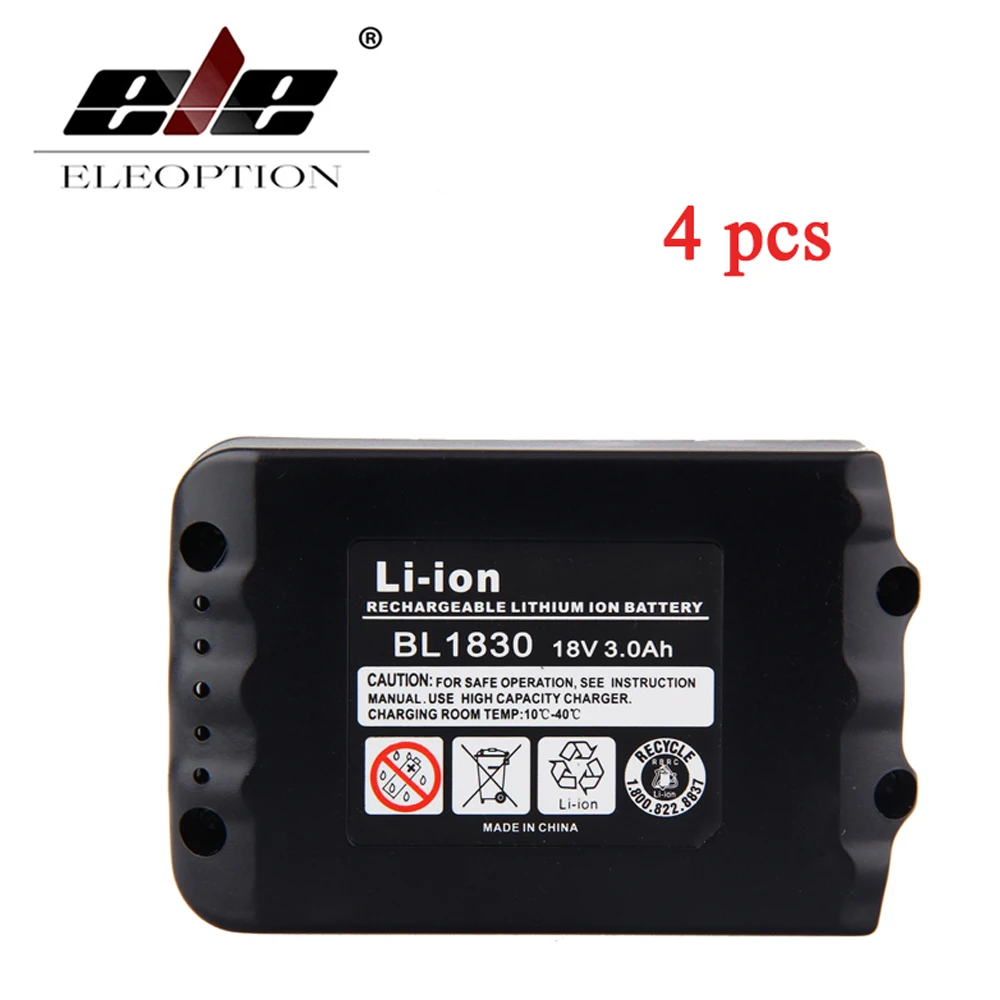 

ELEOPTION 4PCS High Quality Brand New 3000mAh 18 VOLT Li-Ion Power Tool Battery for Makita BL1830 Bl1815 194230-4 LXT400