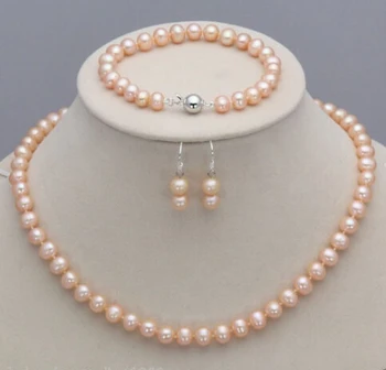 

$wholesale_jewelry_wig$ 7-8mm Pink Freshwater Genuine Pearl Necklace Bracelet Earrings Set 18"