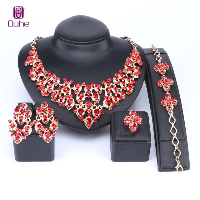 Trendy Design Wedding Red Rhinestone Gold Color Jewelry Sets Earrings