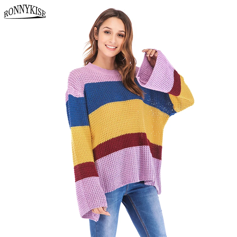 

RONNYKISE High Quality Pacthwork Rainbow Knitted Sweaters long sleeve o-neck Loose tops Autumn winter Sweaters Women Clothes
