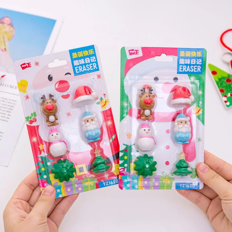 

6 Pcs/pack Cute Mini Merry Christmas Tree Snowman Santa Claus Elk Hat Erasers Stationery Rubber Pencil Erasers Christmas Gifts