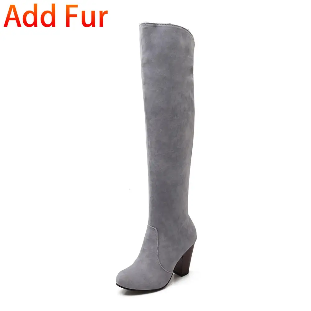 DoraTasia/Большие размеры 34-43, женские ботфорты, Винтажная обувь на не сужающемся книзу высоком массивном каблуке, женские осенне-зимние ботфорты на толстом меху - Цвет: Gray fur