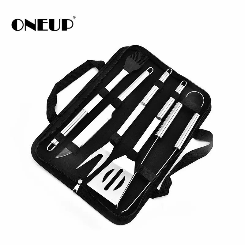 

ONEUP 5pcs Stainless Steel Barbecue Grill Accessories Set with Portable Carry Bag Barbecue Grilling Utensils Non-Stick BBQ Tool