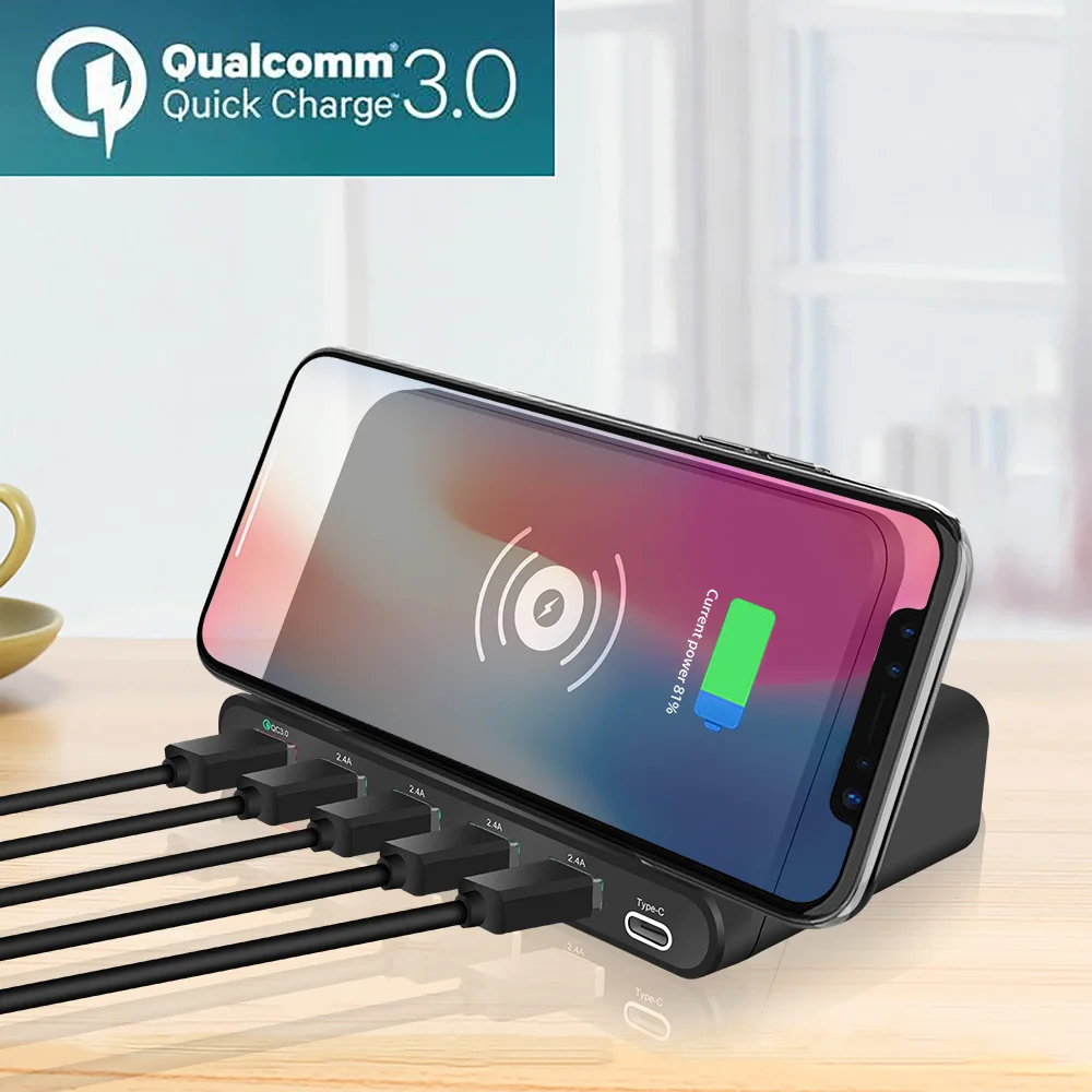 10 W تشى اللاسلكية شاحن 6 USB قاعدة لتثبيت الكمبيوتر المحمول سريعة تهمة 3.0 هاتف لوحي المحمول سريع شحن محول طاقة علي سطح مكتب المقبس قطاع 10 W تشى اللاسلكية شاحن 6 USB قاعدة لتثبيت الكمبيوتر المحمول سريعة تهمة 3.0 هاتف لوحي المحمول سريع شحن محول طاقة علي سطح مكتب المقبس قطاع