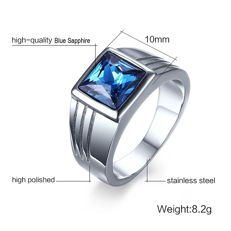 Trendy Promise Jewelry Anillo Men's Blue Stone Stainless Steel Rings for Men Fashion Wedding Engagement Ring Gift Bague Homme