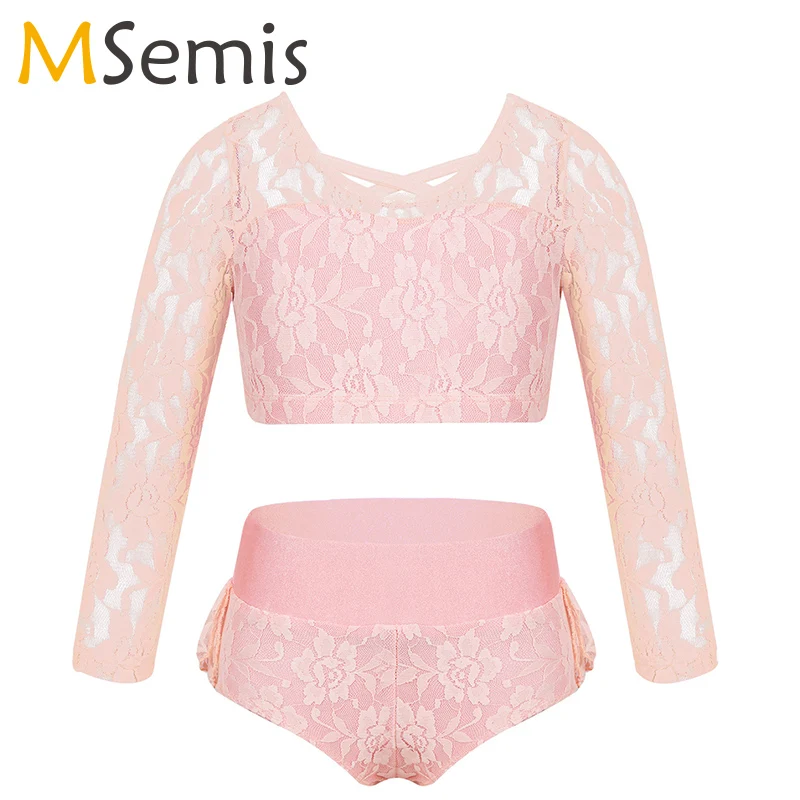 

Leotards for Girls Ballet Two-Piece Dance Costume ballerina dress Lace 3/4 Sleeves Criss Cross Back Crop Top with ruffled Briefs