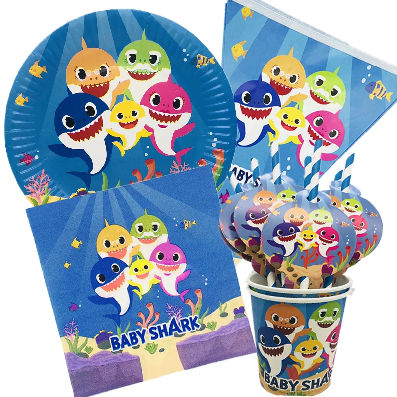 

Magrise Baby Shark Disposable Tableware Set Cute Shark Baby Shower Party Supplies Shark Baby Family Cartoon Shark Party Decor