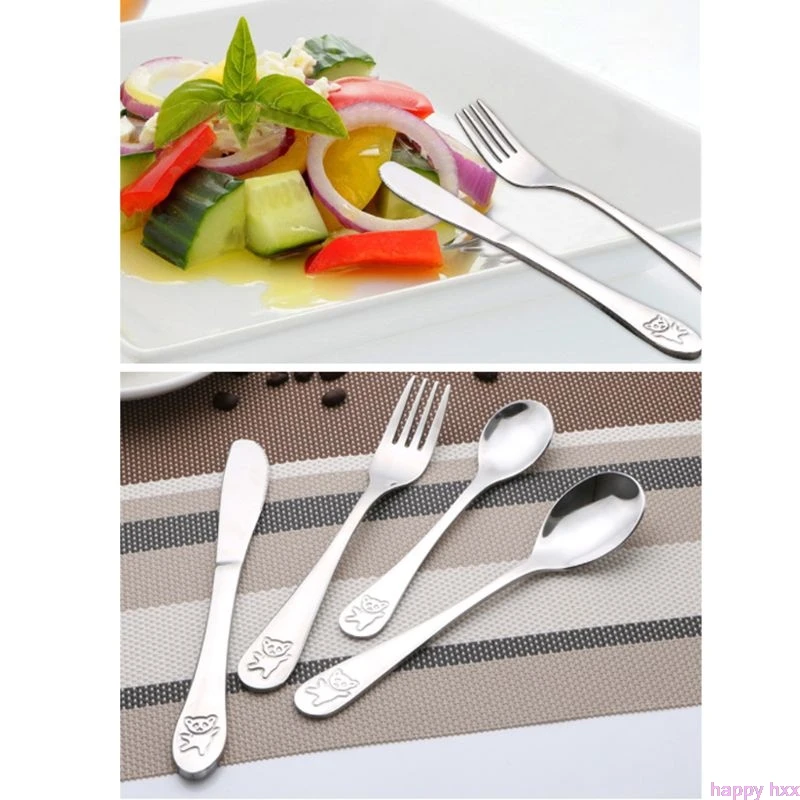 4pcs/set Baby Teaspoon Spoon Food Feeding Fork Knife Utensils Set Stainless Steel Kids Learning Eating Habit Children Tableware