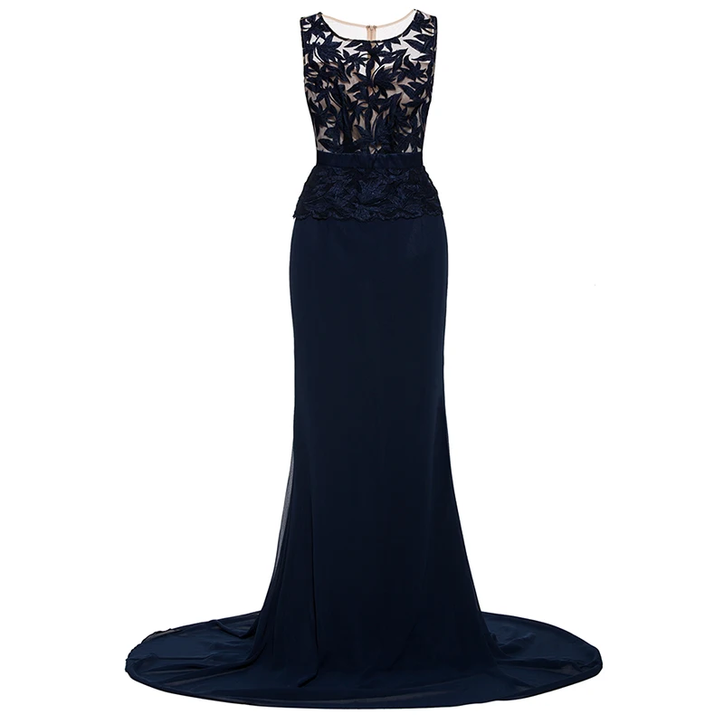 Dressv dark green long evening dress cheap scoop neck embroidery sleeveless wedding party formal dress mermaid evening dresses - Цвет: Dark Navy