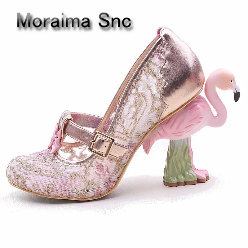 

Moraima Snc 2018 Lovely Glitter Embellished t-strap High heel shoes Customized Pumps Flamingo Strange Heels Woman Shoes Hot Sell