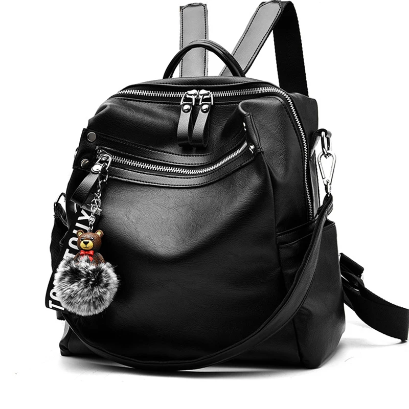 

Women Backpack Leather Women Bag School Backpacks For Teenager Girls Zipper Hair Ball Pendant Travel Mochila Large Capacity New