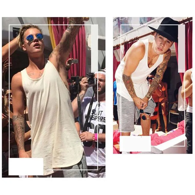 Streetwear Sleeveless Curved Hem Long line Tops Summer Hip Hop Extended tank top men Urban Blank Vest Justin Bieber TX151-R