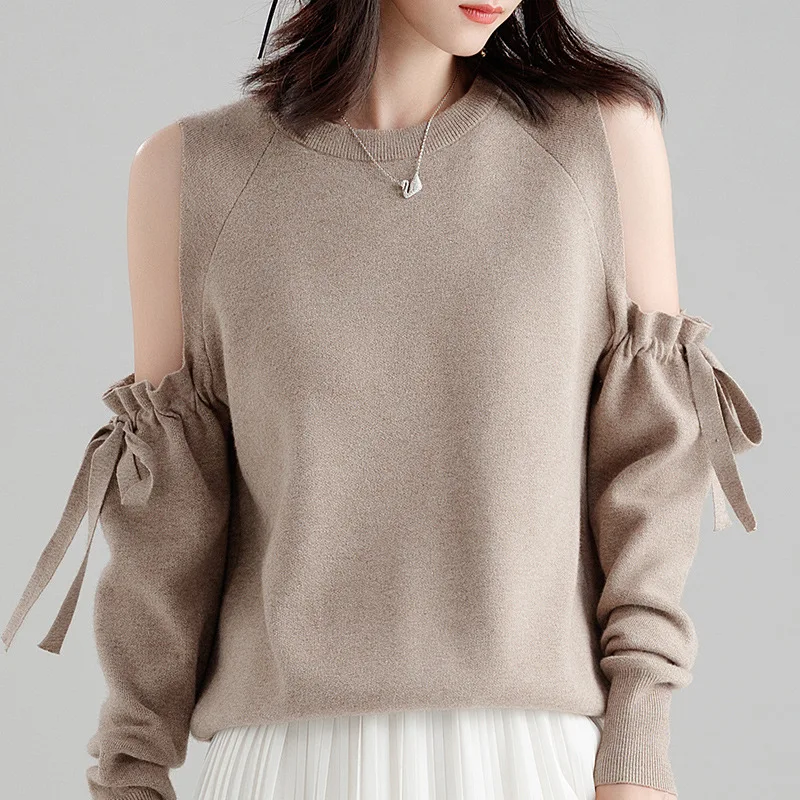 2018 Autumn new stylish slim solid color sweater slim off shoulder bow temperament knitted sweater for women SJ1325 2018 Autumn new stylish slim solid color sweater slim off shoulder bow temperament knitted sweater for women SJ1325