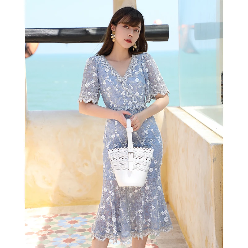 

LYNETTE'S CHINOISERIE Spring Summer Women Exquisite Three-dimensional Embroidery Ruffled Slim Lace Dresses
