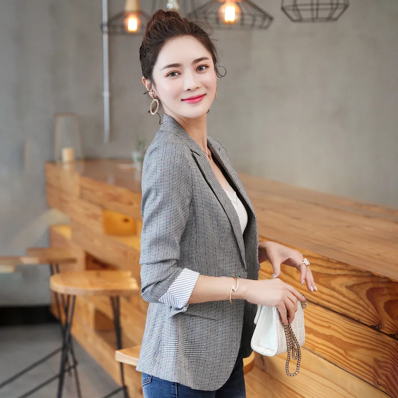 2019 Korean Spring Autumn New Chic Office Lady Casual Houndstooth Plaid Blazer Jacket Gray  Plus Size