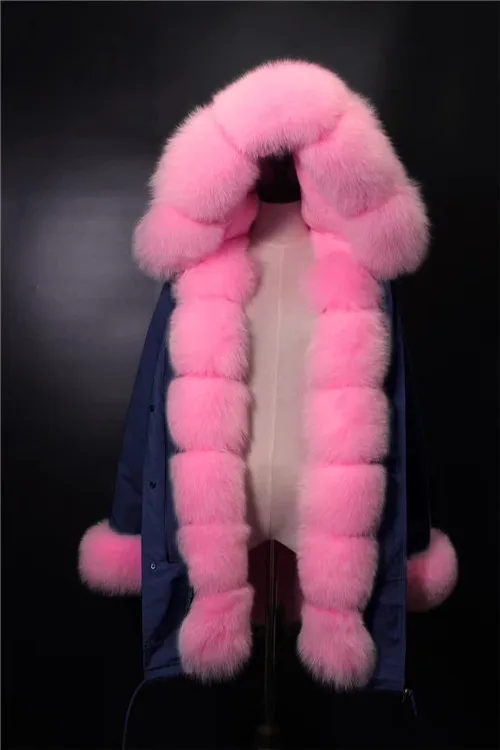 Зимняя парка из натурального меха, Женская длинная куртка, новая подкладка из натурального кроличьего меха, толстое пальто с большим воротником из лисьего меха, пальто с капюшоном, парка из натурального меха - Цвет: Pink navy shell