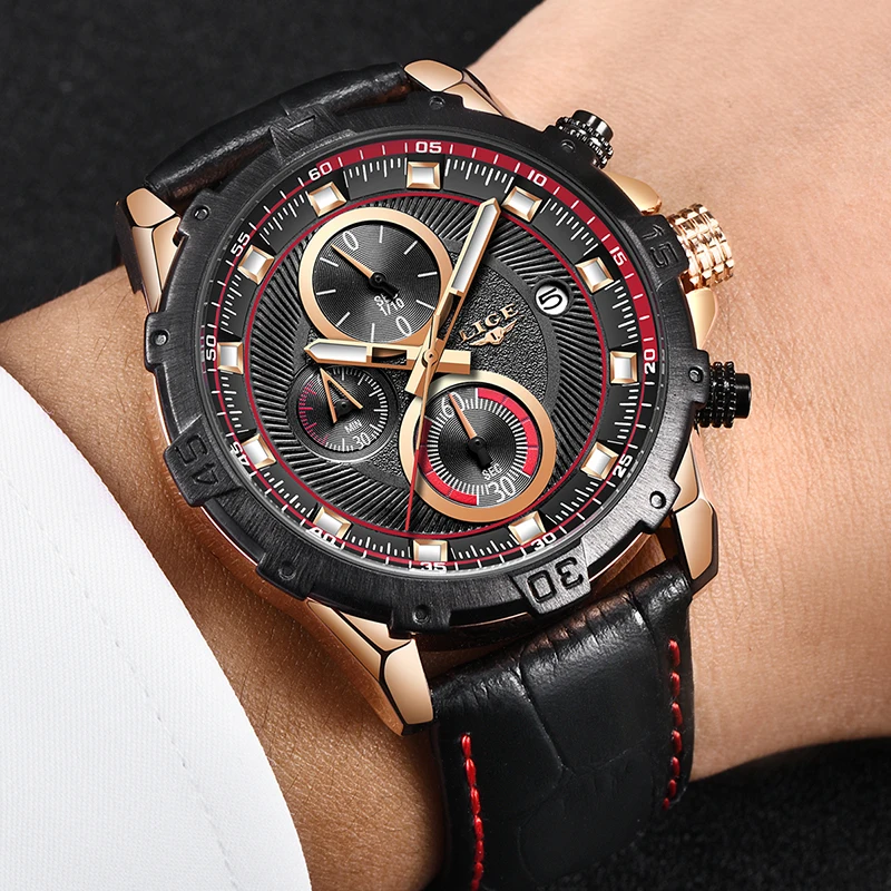 Nouvelle Marque De Luxe LIGE Hommes Montres режим Etanche кожаный кварцевые военный Chronographe спортивные