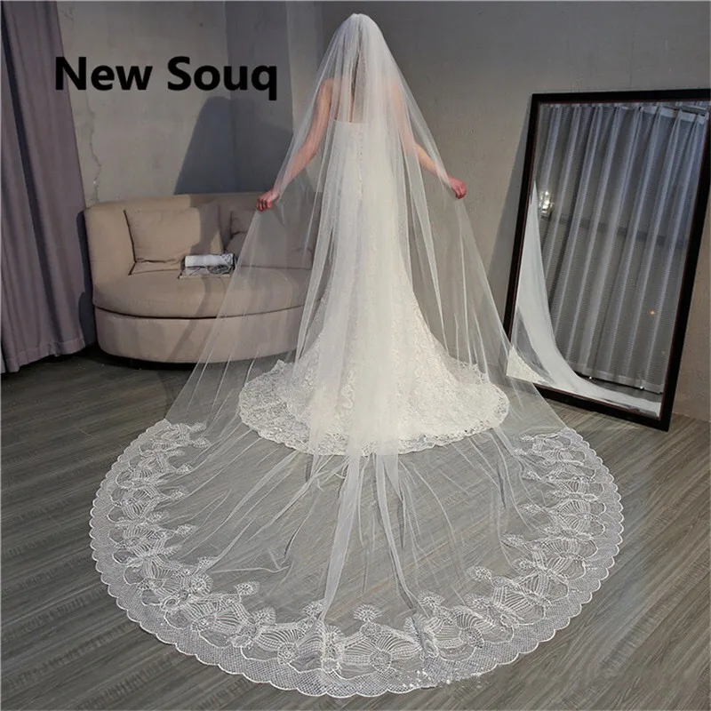 

Chic Lace Edge Wedding Veils With Sequins Cathedral Length Long Garden Bridal Veil With Comb Wedding Accessories 3.5*3m