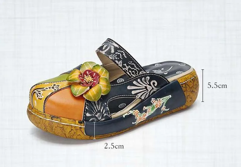 Тапочки с цветочным принтом; обувь из натуральной кожи; шлепанцы ручной работы; женские сабо на платформе; женские шлепанцы размера плюс