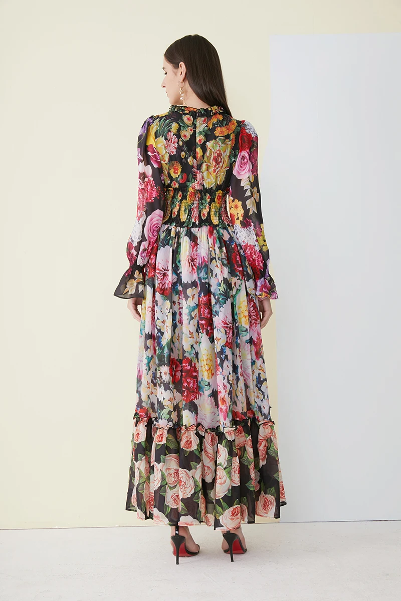Весеннее длинное платье с принтом, высококачественное Европейское милое платье с длинным рукавом и круглым вырезом, женское Плиссированное цветочное Макси-платье