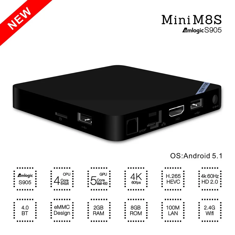 Мини M8S Android tv Box M8S четырехъядерный ТВ приставка 64 бит 100M LAN 2,4G Wi-Fi Bluetooth 4K 2 ГБ+ 8 Гб 64 бит ARM wifi медиаплеер