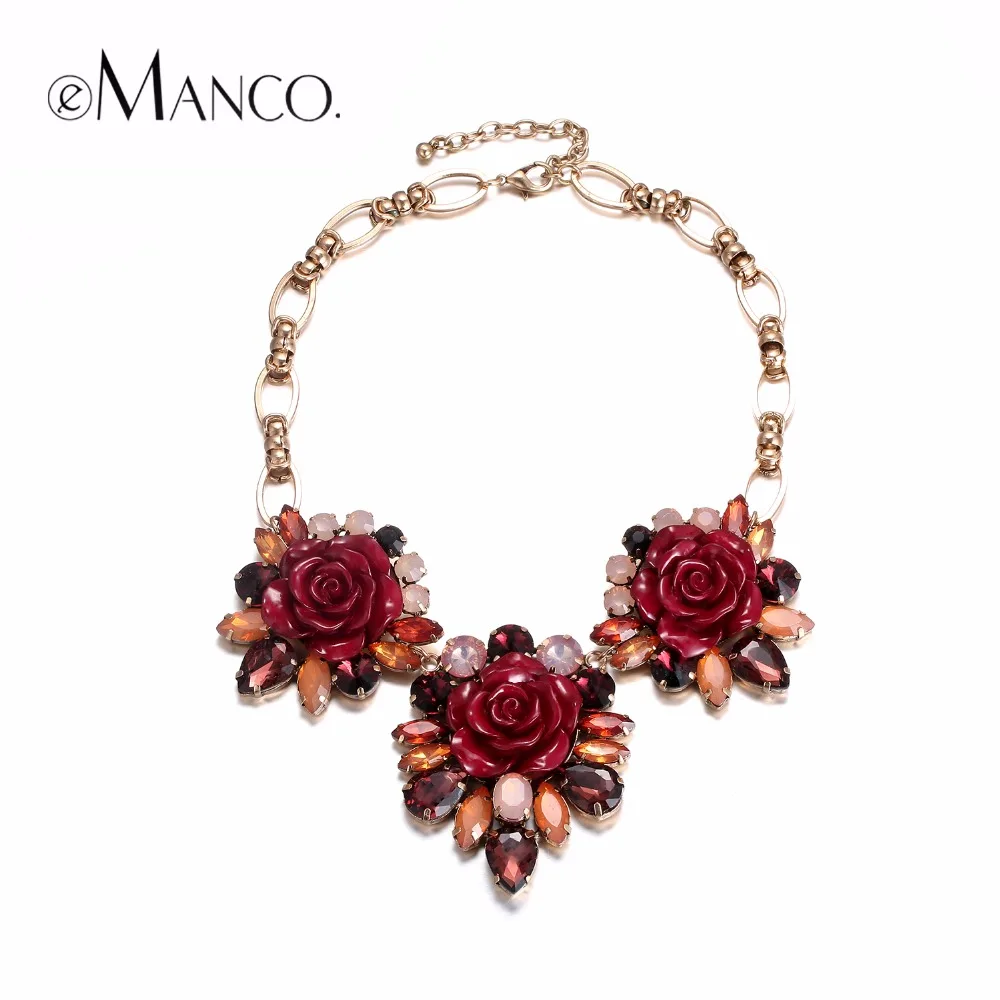 

eManco Garden Style Stylish Romantic Rose Flower Statement Necklaces for Women Red Resin & Crystal & Korea Chain Fashion Jewelry