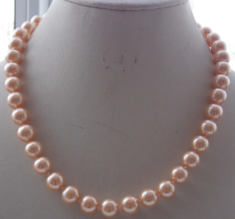 

Free Shipping >>>>>10mm Light Orange South Sea Shell Pearl Round Beads Necklace 18'' F-26