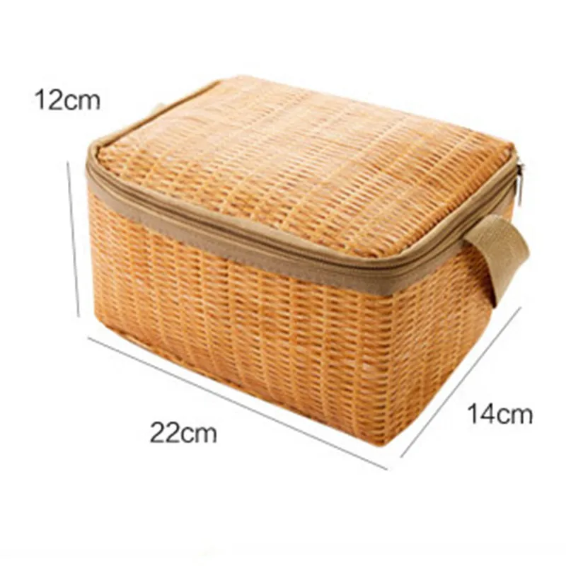 Vogvigo Portable Zipper Tote Outdoor Travel Organizer Imitation Rattan Lunch Storage Bag Box Insulated Thermal Lunch Box Unisex