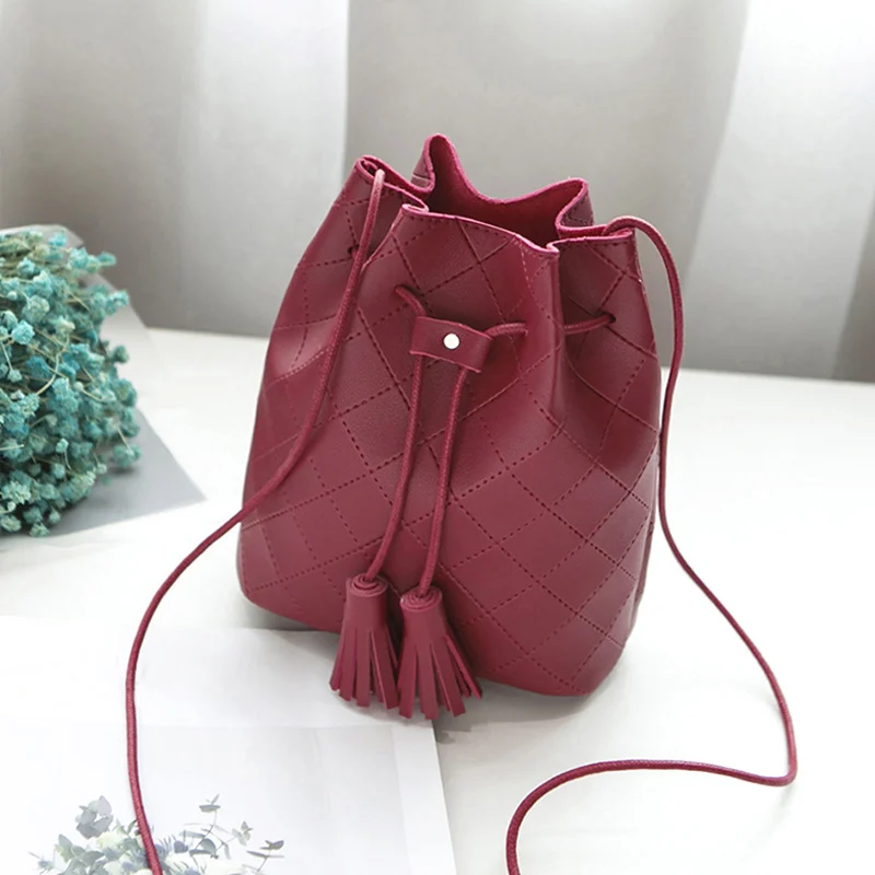 

Women Bucket Bag PU Leather Tassels Drawstring Handbag Girl Casual Shoulder Messenger Bags New