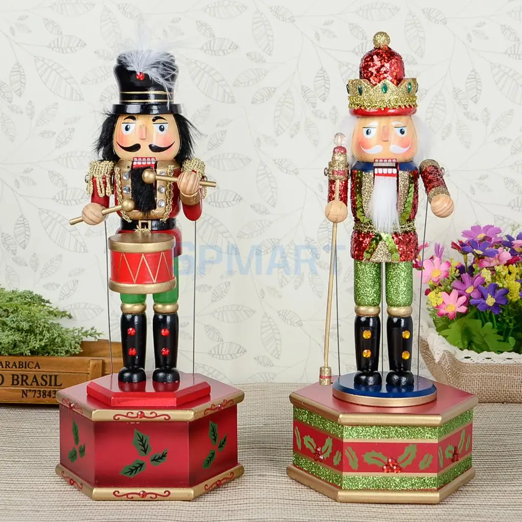 2 Set 32cm Wooden Nutcracker Drummer & King Music Box Classic Mechanical Wind Up Toy Soldier 