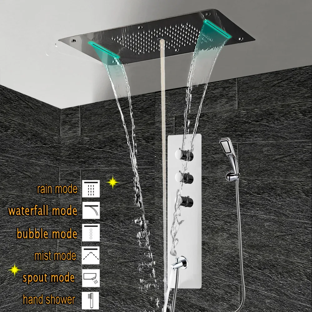 Термостатическая душевая панель из нержавеющей стали светодио дный led дождь водопад Большая душевая головка потолок Ванная кран Набор