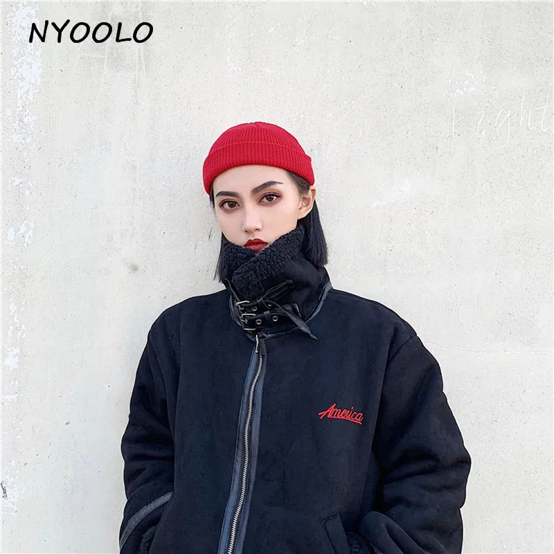 NYOOLO Faux lambswool зимнее теплое плотное пальто с отложным воротником и длинным рукавом на молнии мотоциклетная куртка женская одежда верхняя одежда