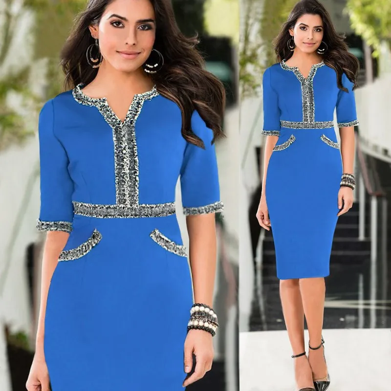 Autumn Winter Yellow Outfits Women New Fashion 2015 Half Sleeve Pocket Pencil Dress Office Ladies Casual Blue Green Red Dresses