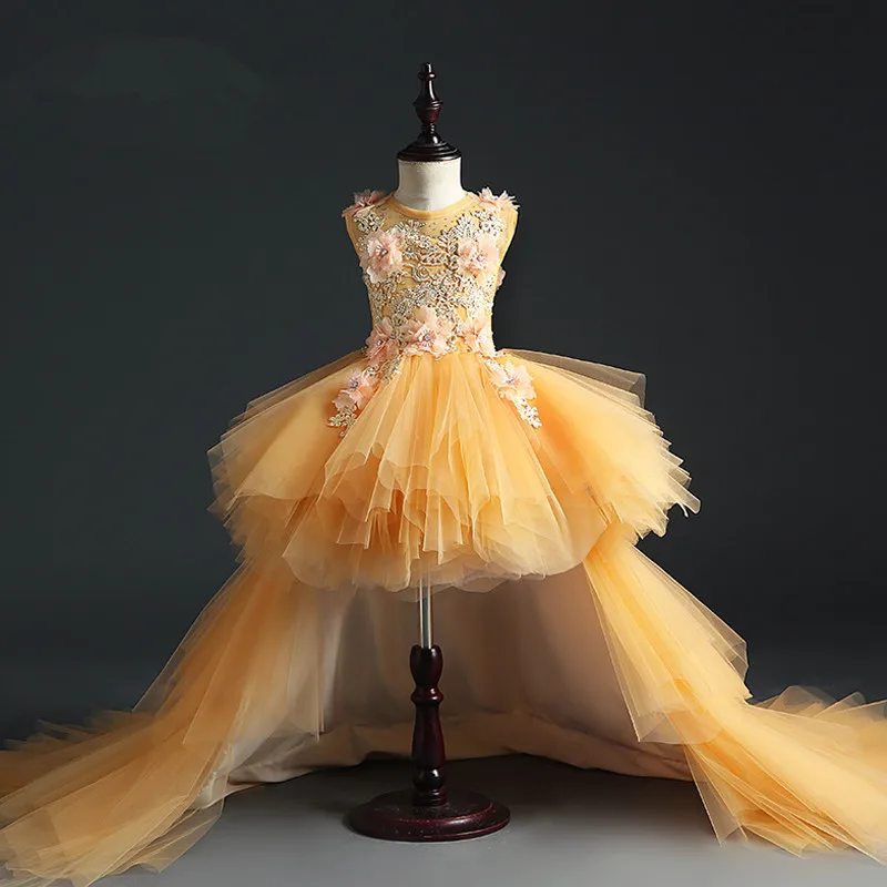 Vestido para o Casamento de Ouro Vestido de Primeira Vestido de Festa Vestido de Baile Elegante Longo Arrastando Flor Meninas Floral Tutu Crianças Pageant Comunhão 2 o Casamento de Ouro Floral Tutu Crianças