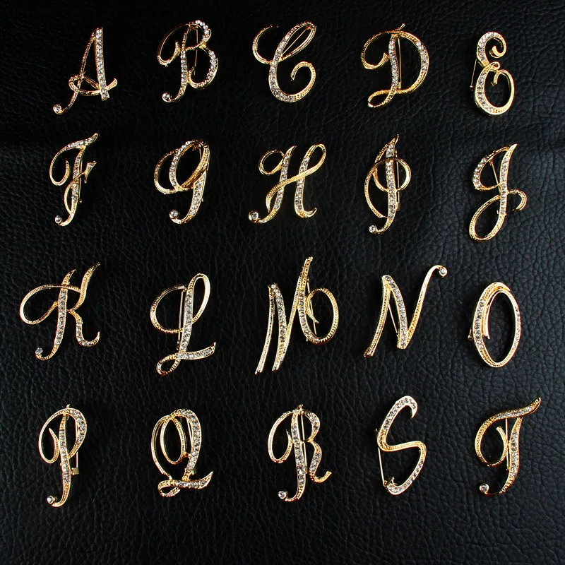 

AWAYTR Fashion Luxury Rhinestone Golden Letter Brooch For Women Men 26 English Letters Brooch Pin Gift Party Accessories Jewelry
