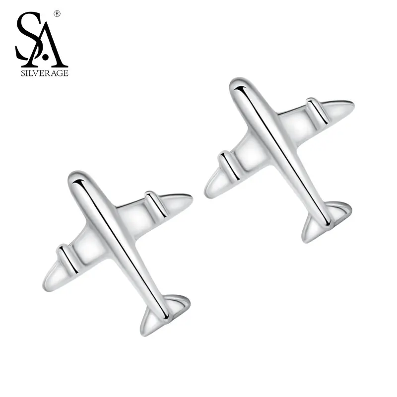 SA SILVERAGE 2017 Simple Design Real 925 Sterling Silver Striped Airplane Stud Earrings Aircraft Plane Earrings