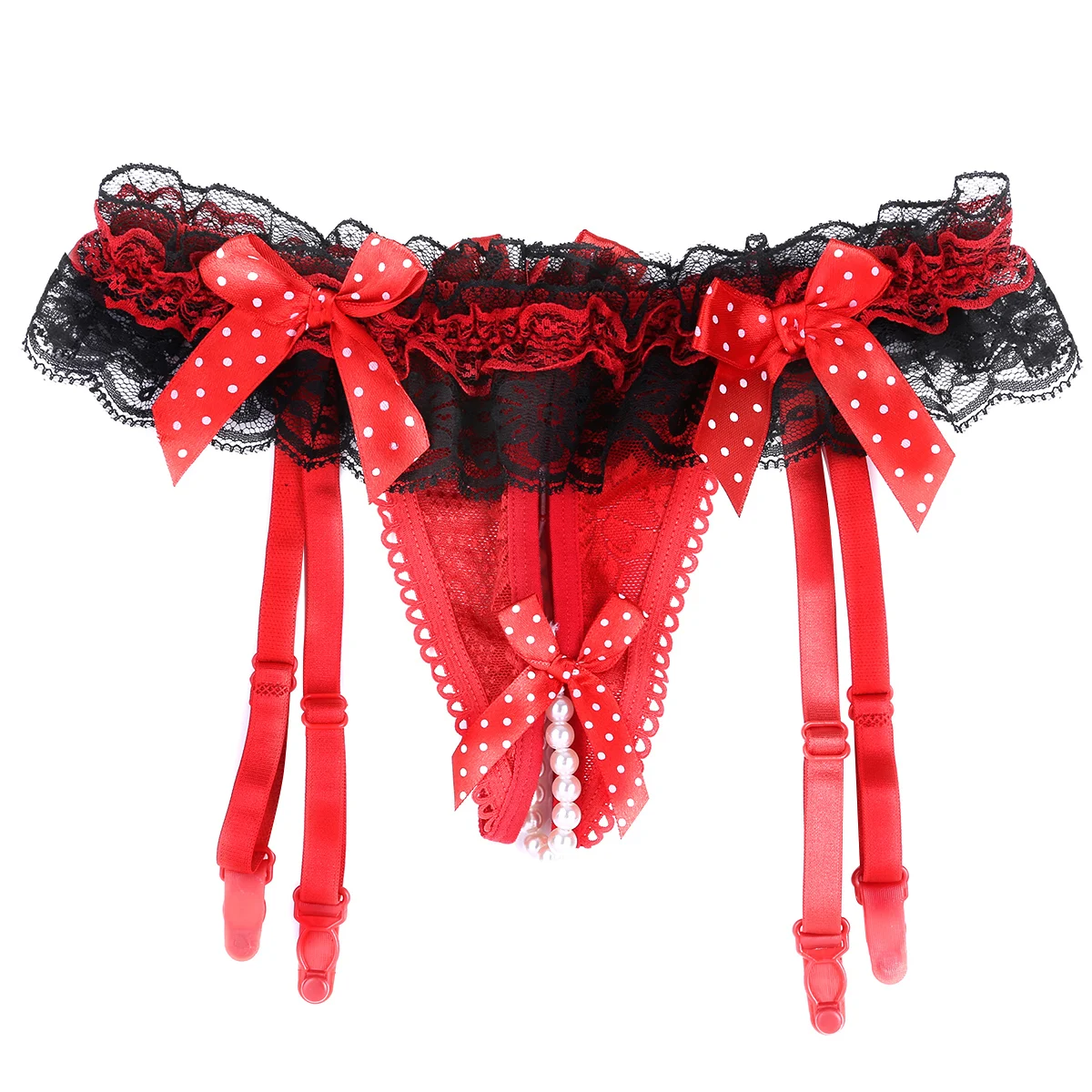Women Sissy Panties Pearl Chain Ruffle Lace Open Crotch G-string Garter Briefs Women Sissy Panties Pearl Chain Ruffle Lace Open Crotch G-string Garter Briefs