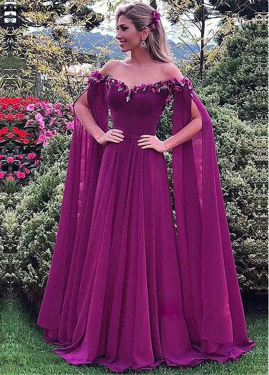 

Off Shoulder Prom Dresses Long Chiffon Handmade Flowers Zipper Back Sweep Train A-Line Party Gowns Robe De Soiree Cheap 2019