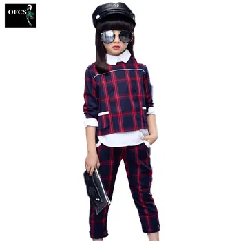 

Retail Girls Suits Spring and Autumn Period British Children Grid Long-sleeved john Casual Sport Outfit Girls Sets 2 Pcs 5-15Age