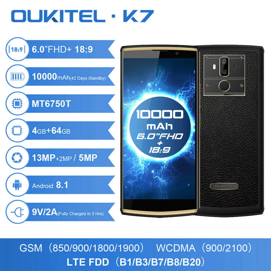 Oukitel K7 18:9 полный Дисплей 6 0 ''FHD 4 Гб Оперативная память 64 Встроенная MT6750T Octa Core 13MP
