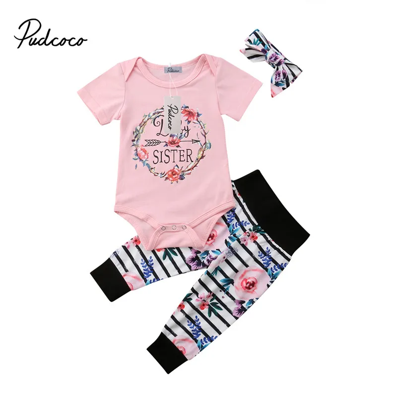Новорожденных комплект летней одежды с надписью для маленьких девочек цветочный принт комбинезон штаны в полоску 2 шт. комплекты одежды