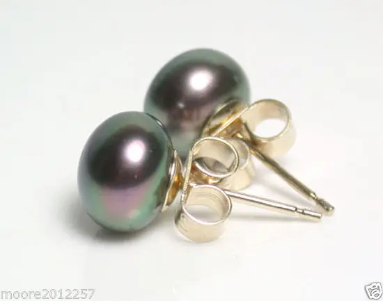 

9-10MM AAA GENUINE BLACK PEARL SOLID gem GOLD STUD EARRINGS