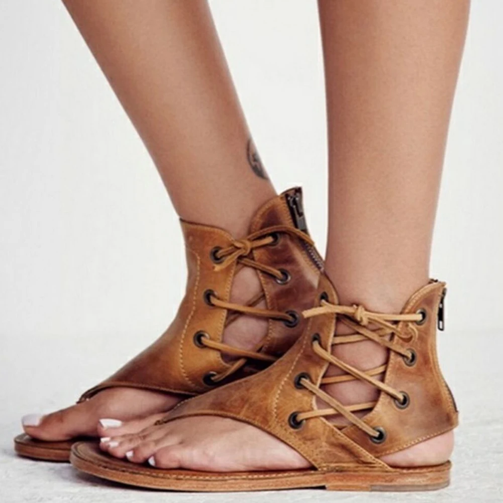

2018 Fashion Summer Retro PU Leather Shoes Sexy Lace Up Ladies Beach Shoes Flats Women Flip Flop Sandals Plus Size 35-43