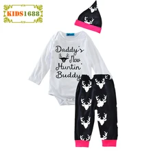 Комплект для маленьких девочек, весенний Модный комбинезон с буквенным принтом+ штаны с оленем+ шапка, комплект одежды из 3 предметов для маленьких девочек, брендовый комплект для новорожденных мальчиков