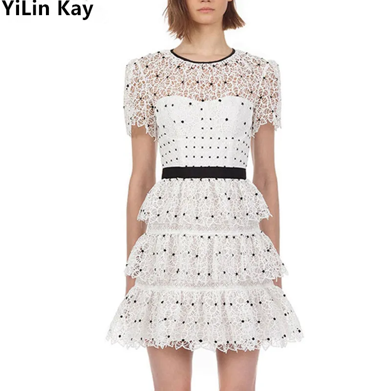 

New Self Portrait Cake Fashion runway Women Dress Summer White Patchwork Dot Print Ruffles Dress Vintage Sexy lace Party dress