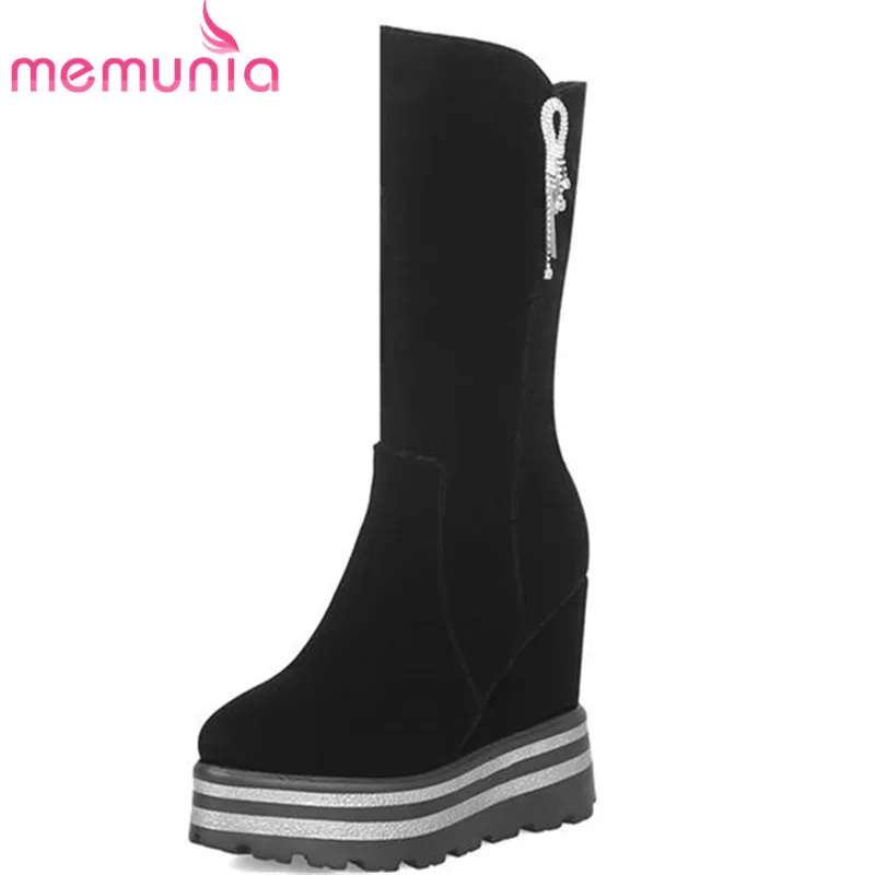 

MEMUNIA 2020 new arrival mid calf boots women flock round toe autumn winter boots zipper crystal platform shoes woman black